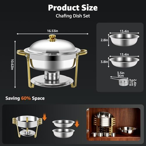 6QT Chafing Dishes for Buffet Warming Trays Food Warmers 4 Set in Silver & Golden, alternate view 2