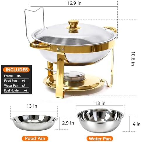 6QT Gold Chafing Dishes for Buffet, Round Chafing Dish Buffet Set of 4 Pack in Gold, alternate view 2