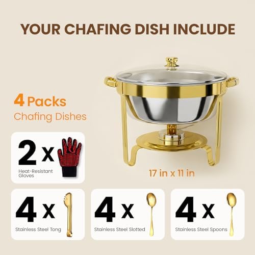 6QT Gold Chafing Dishes for Buffet with Glass Lid, 4Pack Round Chafing Dish, alternate view 3