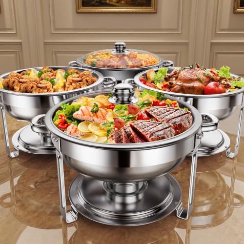 6QT Round Chafing Dish Set of 4, Stainless Steel Buffet in Silver