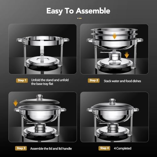 6QT Round Chafing Dish Set of 4, Stainless Steel Buffet in Silver, alternate view 6