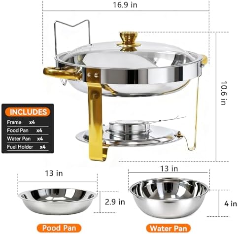 6QT Round Chafing Dishes for Buffet -4 Pack Food Warmers for Parties in Silver, alternate view 2