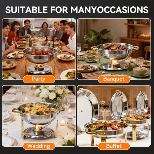 6QT Round Chafing Dishes for Buffet -4 Pack Food Warmers for Parties in Silver, alternate view 6