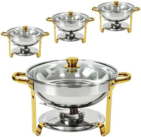 6QT Round Chafing Dishes for Buffet 4 Pack with Glass Lid, Gold & Silver in Gold & Silver + Glass Lid