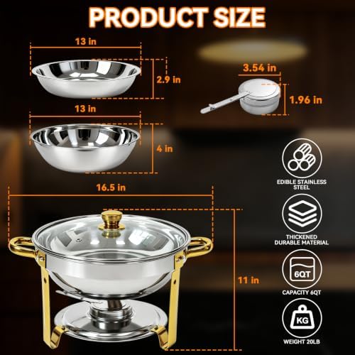 6QT Round Chafing Dishes for Buffet 4 Pack with Glass Lid, Gold & Silver in Gold & Silver + Glass Lid, alternate view 2