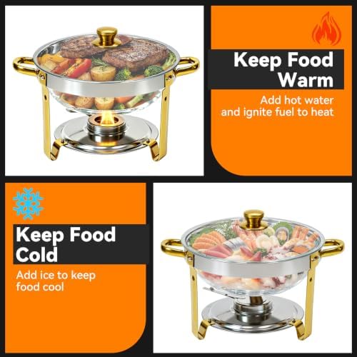 6QT Round Chafing Dishes for Buffet 4 Pack with Glass Lid, Gold & Silver in Gold & Silver + Glass Lid, alternate view 3