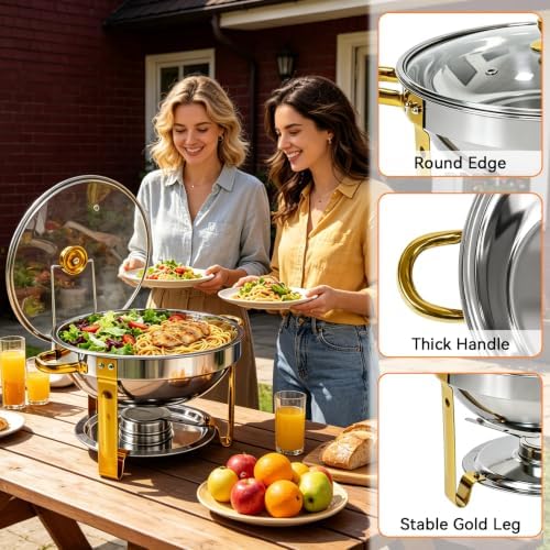 6QT Round Chafing Dishes for Buffet 4 Pack with Glass Lid, Gold & Silver in Gold & Silver + Glass Lid, alternate view 4