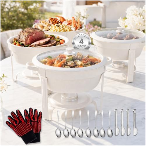 6QT Round Chafing Dishes for Buffet: White Chafing Dish Set, 4 Pack in White