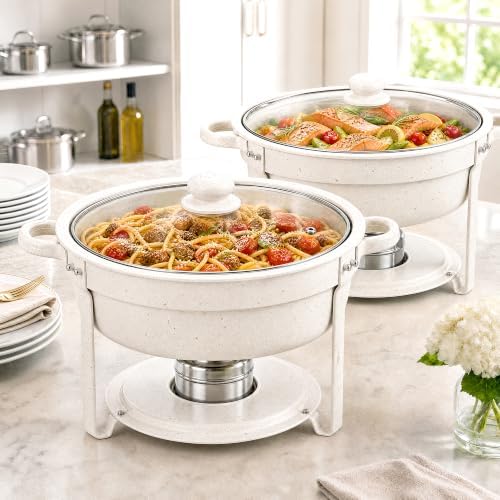 6QT White Chafing Dishes for Buffet, 2-Pack Round Chafers Sets