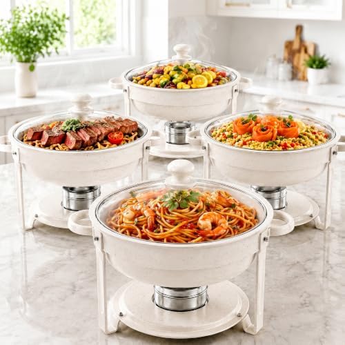 6QT White Chafing Dishes for Buffet, 4-Pack Round Chafers Sets