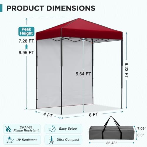 6x4 Instant Pop Up Canopy Tent with 1 Sidewall, Burgundy, alternate view 3