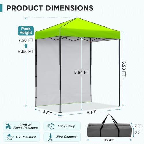 6x4 Instant Pop Up Canopy Tent with 1 Sidewall, Neon Green, alternate view 3