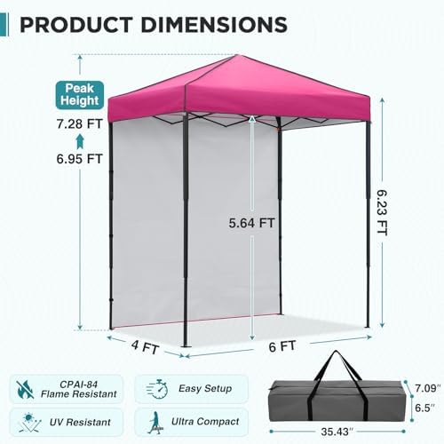 6x4 Instant Pop Up Canopy Tent with 1 Sidewall, Pink in Pink, alternate view 3