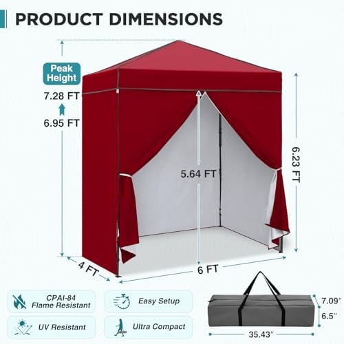 6x4 Instant Pop Up Canopy Tent with 4 Sidewalls, Burgundy, alternate view 3