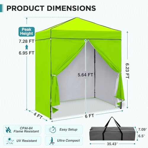6x4 Instant Pop Up Canopy Tent with 4 Sidewalls, Neon Green, alternate view 3