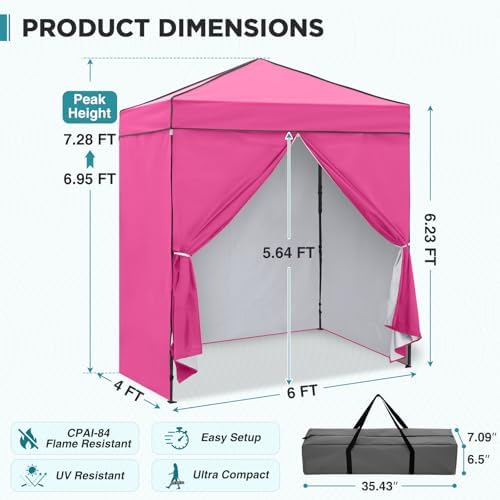 6x4 Instant Pop Up Canopy Tent with 4 Sidewalls, Pink in Pink, alternate view 3