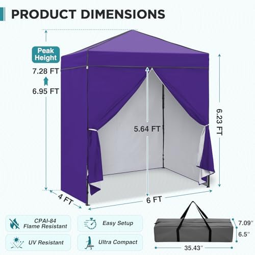 6x4 Instant Pop Up Canopy Tent with 4 Sidewalls, Purple, alternate view 3