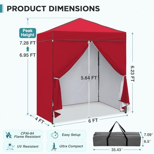 6x4 Instant Pop Up Canopy Tent with 4 Sidewalls, Red in Red, alternate view 3