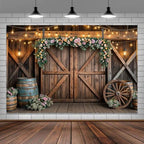 6x4ft Country Wedding Photography Backdrop Rustic Barn Door Photography Backdrop Farmhouse Pink Flower Cabin