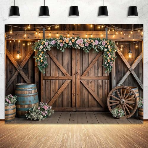 6x4ft Country Wedding Photography Backdrop Rustic Barn Door Photography Backdrop Farmhouse Pink Flower Cabin, alternate view