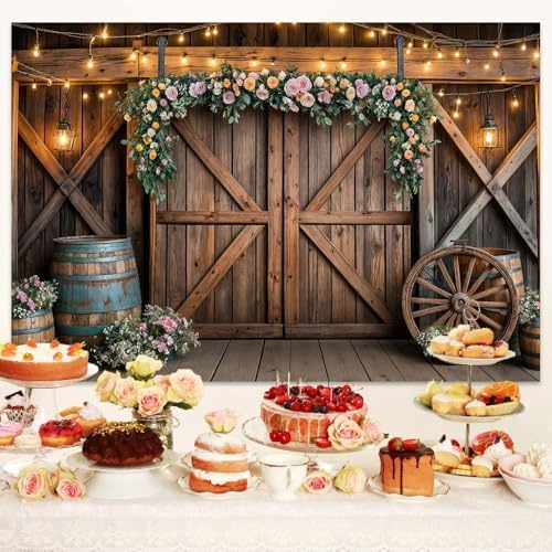 6x4ft Country Wedding Photography Backdrop Rustic Barn Door Photography Backdrop Farmhouse Pink Flower Cabin, alternate view