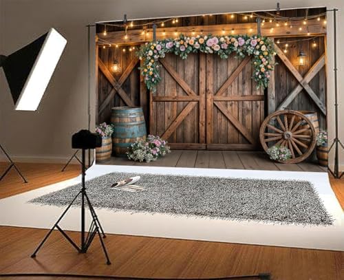6x4ft Country Wedding Photography Backdrop Rustic Barn Door Photography Backdrop Farmhouse Pink Flower Cabin, alternate view