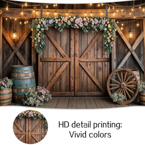 6x4ft Country Wedding Photography Backdrop Rustic Barn Door Photography Backdrop Farmhouse Pink Flower Cabin, alternate view