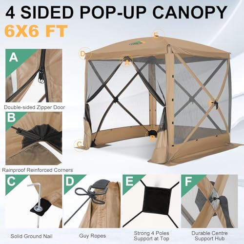 6x6 FT Pop up Gazebo, Popup Canopy Tent, Waterproof Screened in Gazebos, Portable Outdoor Small Screen Tents Sun, alternate