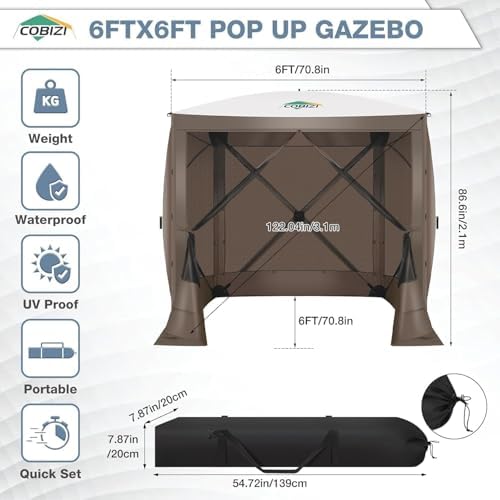 6x6 Pop Up Gazebo, Screen Tent with Carry Bag & Ground Stakes, Brown in Brown, alternate view 2