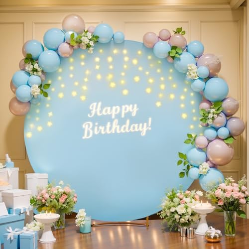 7.2 FT Baby Blue Round Backdrop Cover with Lights String for Circle Arch Stand, Circle Backdrop Covers with LED