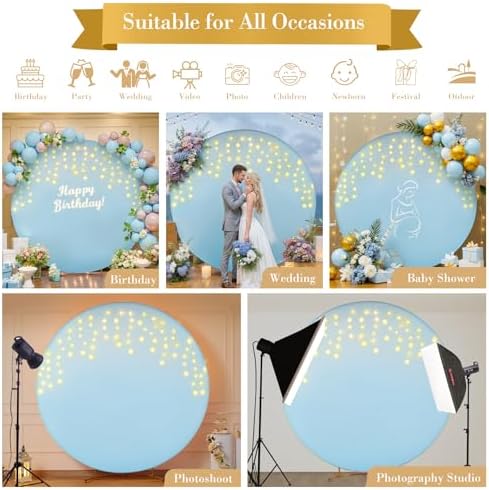 7.2 FT Baby Blue Round Backdrop Cover with Lights String for Circle Arch Stand, Circle Backdrop Covers with LED, alternate