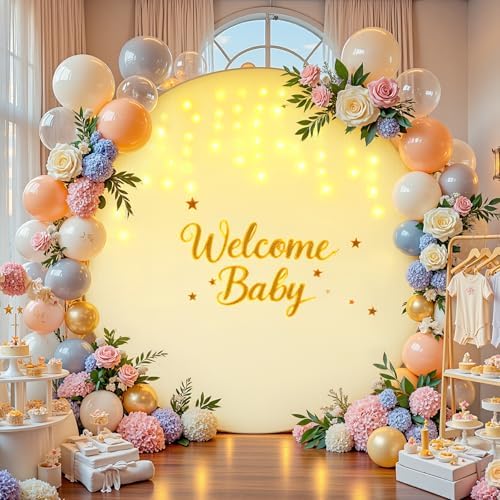 7.2 FT Beige Round Backdrop Cover with Lights String for Circle Arch Stand Circle Backdrop Covers with LED Fairy