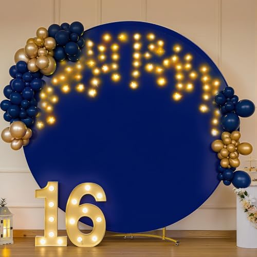7.2 FT Navy Blue Round Backdrop Cover with Lights String for Circle Arch Stand Circle Backdrop Covers with LED, alternate