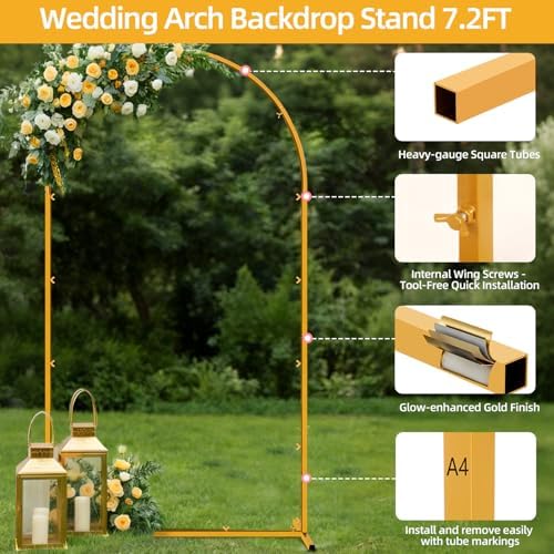 7.2 FT Wedding Arch Backdrop Stand, Gold Metal Arch Backdrop Stand for Wedding Party Ceremony Birthday Bridal, alternate view