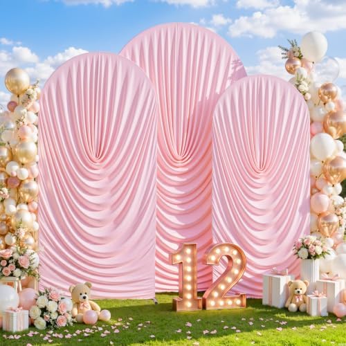 7.2FT 6.6FT 6FT Arch Backdrop Covers, Set of 3 Pink Draped Arch Covers Ruffled Ripple Stretchy Backdrop Cover