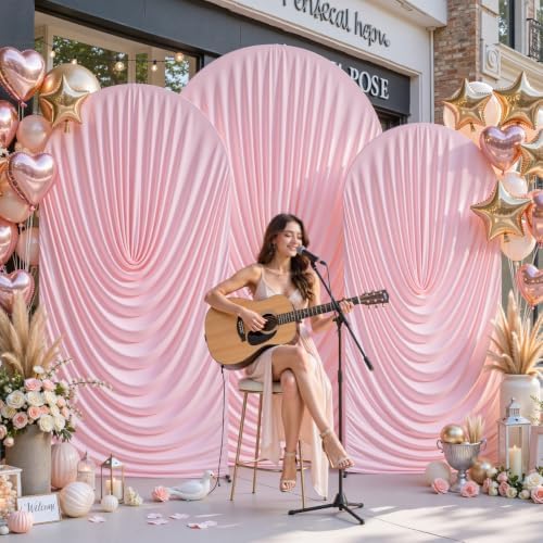 7.2FT 6.6FT 6FT Arch Backdrop Covers, Set of 3 Pink Draped Arch Covers Ruffled Ripple Stretchy Backdrop Cover, alternate view