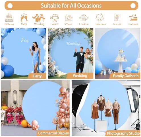 7.2FT Baby Blue Round Backdrop Cover with Size Adjuster & 4 Metal Clips, Universal Fit for 5ft-7.2ft Circle, alternate view 4