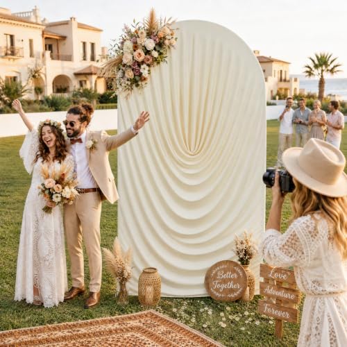 7.2FT Beige Arch Backdrop Cover Spandex Fitted Chiara Round Top Event Decor, alternate view 2