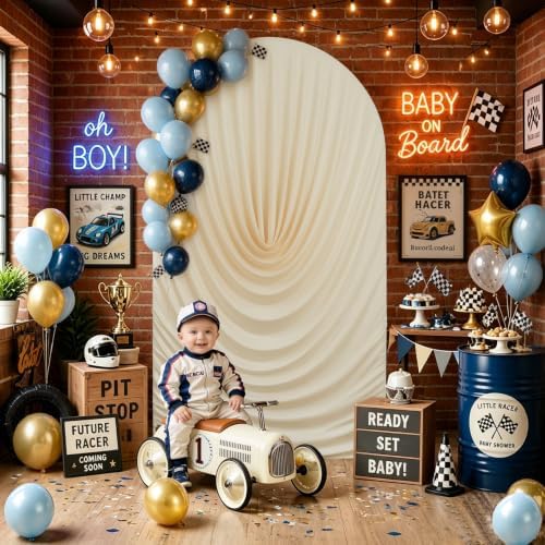 7.2FT Beige Arch Backdrop Cover Spandex Fitted Chiara Round Top Event Decor, alternate view 3
