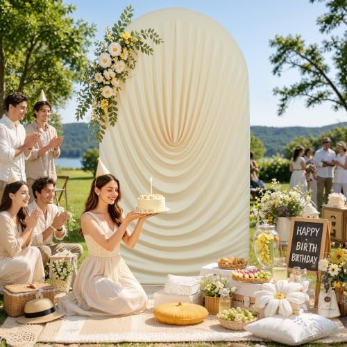 7.2FT Beige Arch Backdrop Cover Spandex Fitted Chiara Round Top Event Decor, alternate view 4