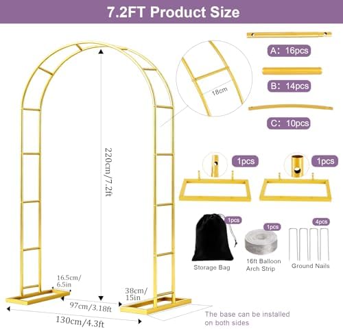 7.2FT Metal Halloween Archway Backdrop Stand Gold Arbor Frame with Base, alternate view 4