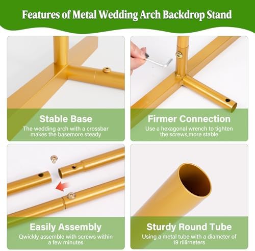 7.2FT Metal Wedding Arch Backdrop Stand, Stable Balloon Arch Frame, Gold in Gold, alternate view 6