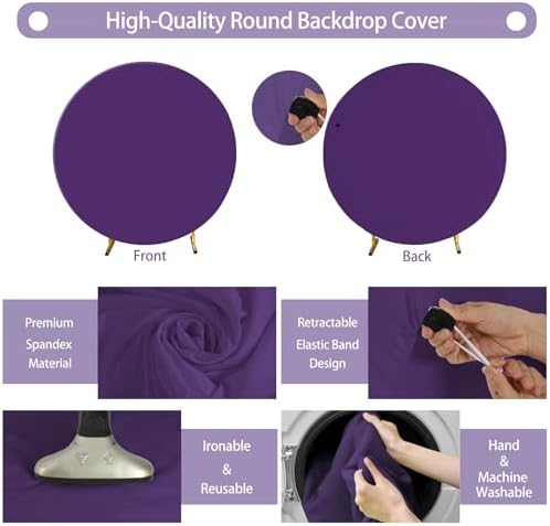 7.2FT Purple Round Backdrop Cover with Size Adjuster & 4 Metal Clips, Universal Fit for 5ft-7.2ft Circle Stand, alternate