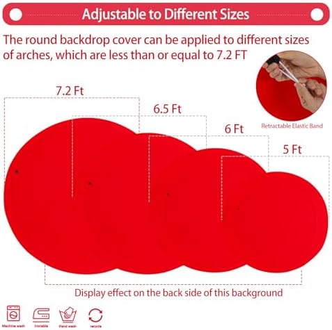 7.2FT Red Round Backdrop Cover with Size Adjuster & 4 Metal Clips, Universal Fit for 5ft-7.2ft Circle Stand, alternate view 2