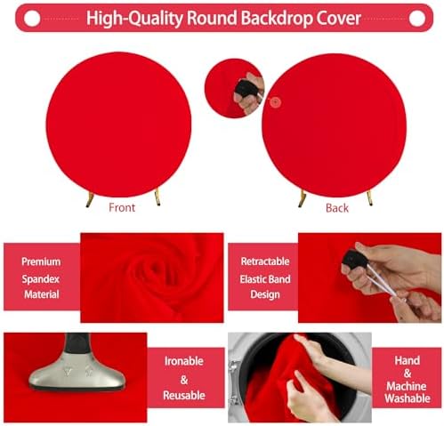 7.2FT Red Round Backdrop Cover with Size Adjuster & 4 Metal Clips, Universal Fit for 5ft-7.2ft Circle Stand, alternate view 3