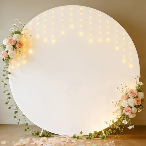 7.2FT Round Backdrop Cover with Lights, Spandex Wrinkle-Resistant Cover with LED Fairy Lights for Circle Arch