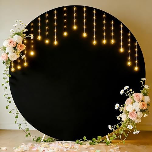 7.2FT Round Backdrop Cover with Lights, Spandex Wrinkle-Resistant Cover with LED Fairy Lights for Circle Arch