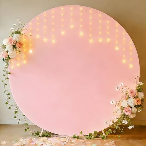 7.2FT Round Backdrop Cover with Lights, Spandex Wrinkle-Resistant Cover with LED Fairy Lights for Circle Arch