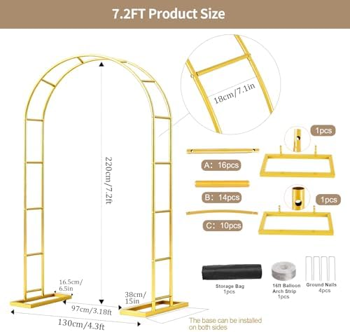 7.2FT Wedding Arch Backdrop Stand Metal Frame Gold Pergola Arbor with Base, alternate view 4
