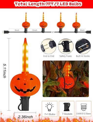 7.5FT Halloween Pumpkin Bubble String Lights Outdoor, 8 LED Jack O' Lantern Bubble Lights, Plug-in Halloween, alternate view